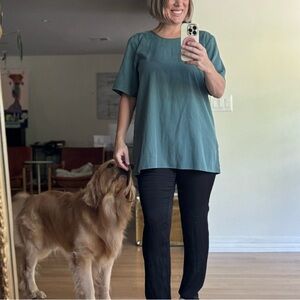 Eileen Fisher Wisteria Teal Short Sleeve Tunic Top Blouse Blue Size Medium